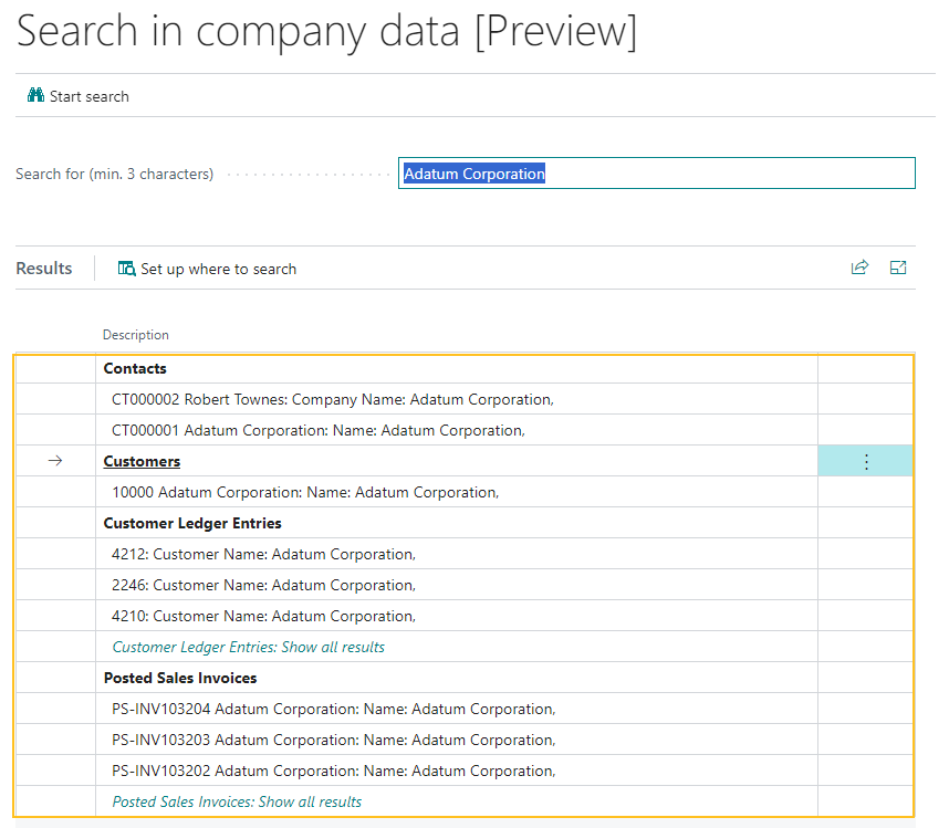 Résultats de recherche de données dans Rechercher