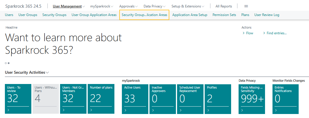 Centre de rôles Administrateur de sécurité, élément de menu Groupes de sécurité