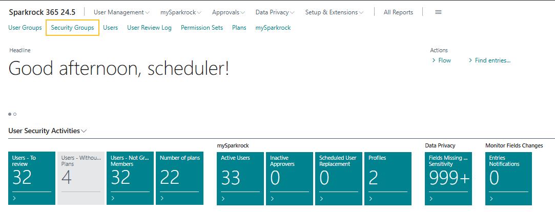 Centre de rôles Administrateur de sécurité, élément de menu Groupes de sécurité