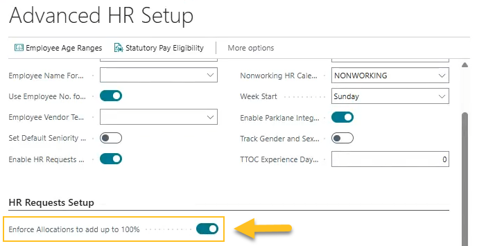 Page Configuration avanc&eacute;e des RH, champ Imposer que les allocations totalisent 100 %