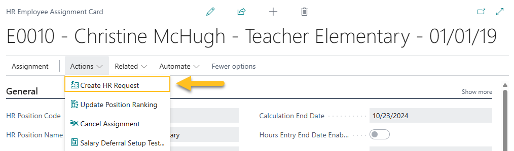 Page Fiche d'affectation d'employ&eacute; RH, action Cr&eacute;er une demande RH