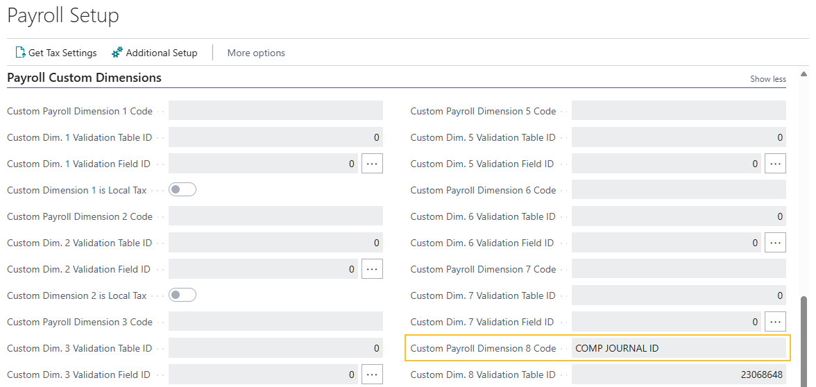 Page Configuration de la paie, champ Code de dimension de paie personnalis&eacute;e 8