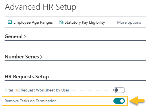 Champ Supprimer les tâches à la résiliation sur la page Configuration RH avancée