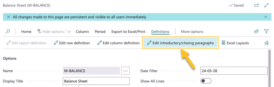 Action Modifier les paragraphes d'introduction/de clôture sur la page de définition du rapport Bilan