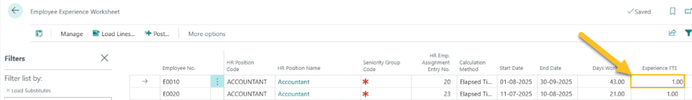 Champ Nb jours ETP d'expérience sur la page Feuille de calcul d'expérience des employés