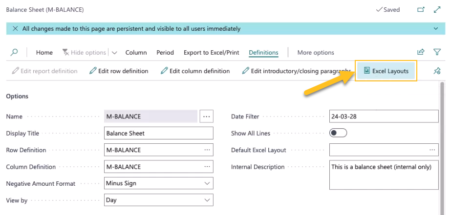 Action Mises en page Excel sur la page de définition des rapports financiers