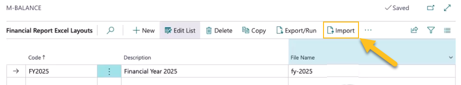 Action Importer sur la page Mises en page Excel des rapports financiers