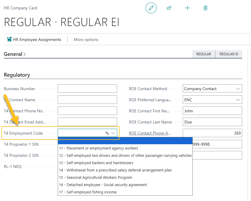 Champ Code d'emploi T4 sur la page Fiche compagnie RH