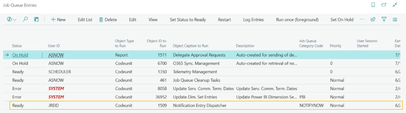 Enregistrement Répartiteur d'entrées de notification sur la page Entrées de file d'attente de tâches