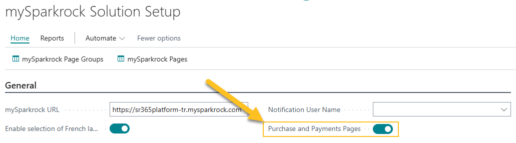 Champ Pages d'achat et de paiement de la page Configuration de la solution mySparkrock