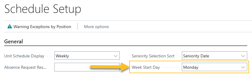 Champ Jour de début de semaine sur la page Configuration des planifications
