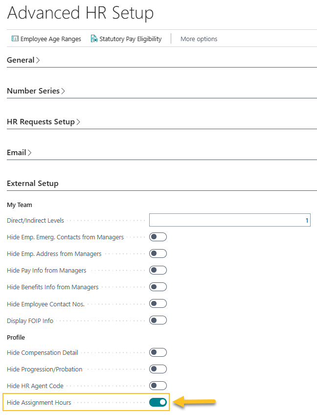 Page Configuration RH avanc&eacute;e - champ Masquer les heures d'affectation