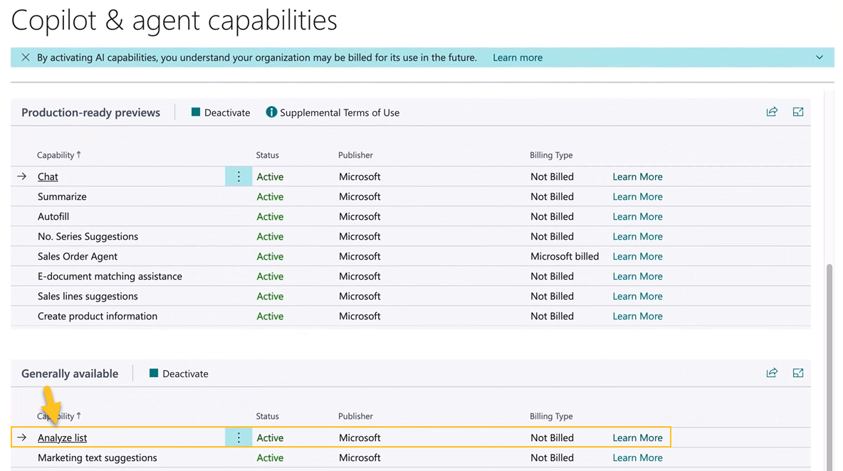 Capacit&eacute; Analyser la liste sur la page Capacit&eacute;s Copilot et agents