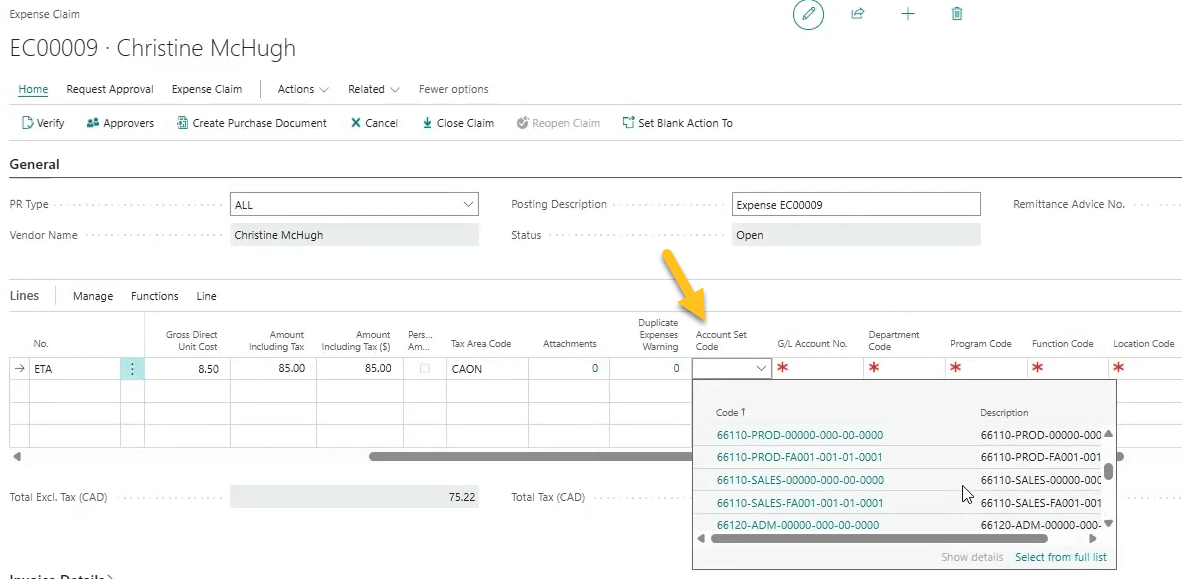 Recherche du champ Code de l'ensemble de comptes sur la page Note de frais