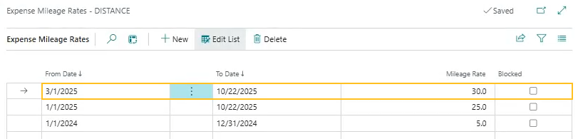 Exemple de la page Taux kilom&eacute;triques des d&eacute;penses