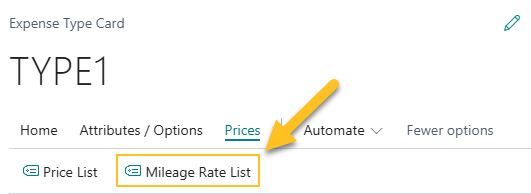 Action Liste des taux kilom&eacute;triques sur la page Fiche type de d&eacute;pense