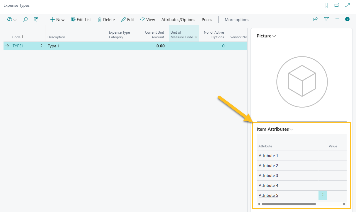 FactBox Attribut d'article sur la page Types de d&eacute;penses