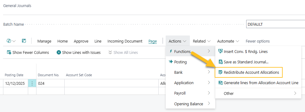 Action Redistribuer les ventilations de compte sur la page Journaux g&eacute;n&eacute;raux