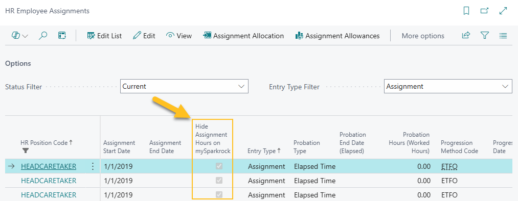Champ Masquer les heures d'affectation sur mySparkrock de la page Affectations d'employ&eacute;s RH