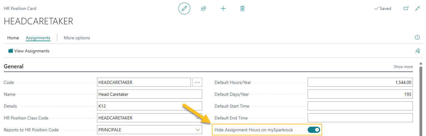 Champ Masquer les heures d'affectation sur mySparkrock de la page Fiche de poste RH