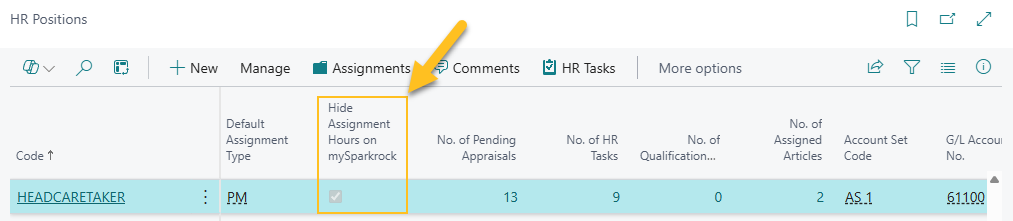 Champ Masquer les heures d'affectation sur mySparkrock de la page Fiche de poste RH