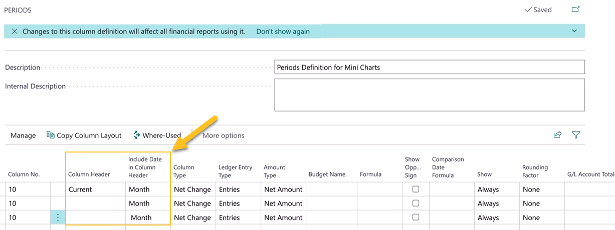 Champ Inclure la date dans l'en-t&ecirc;te de colonne sur la page P&eacute;riodes