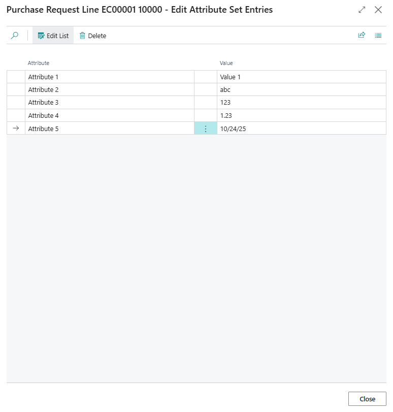Ligne de demande d'achat - page Modifier les entr&eacute;es de l'ensemble d'attributs