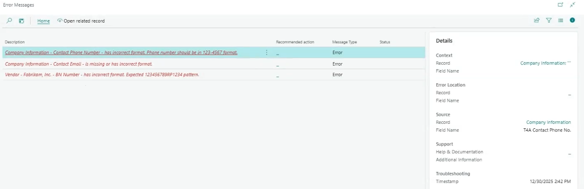 Page Messages d'erreur