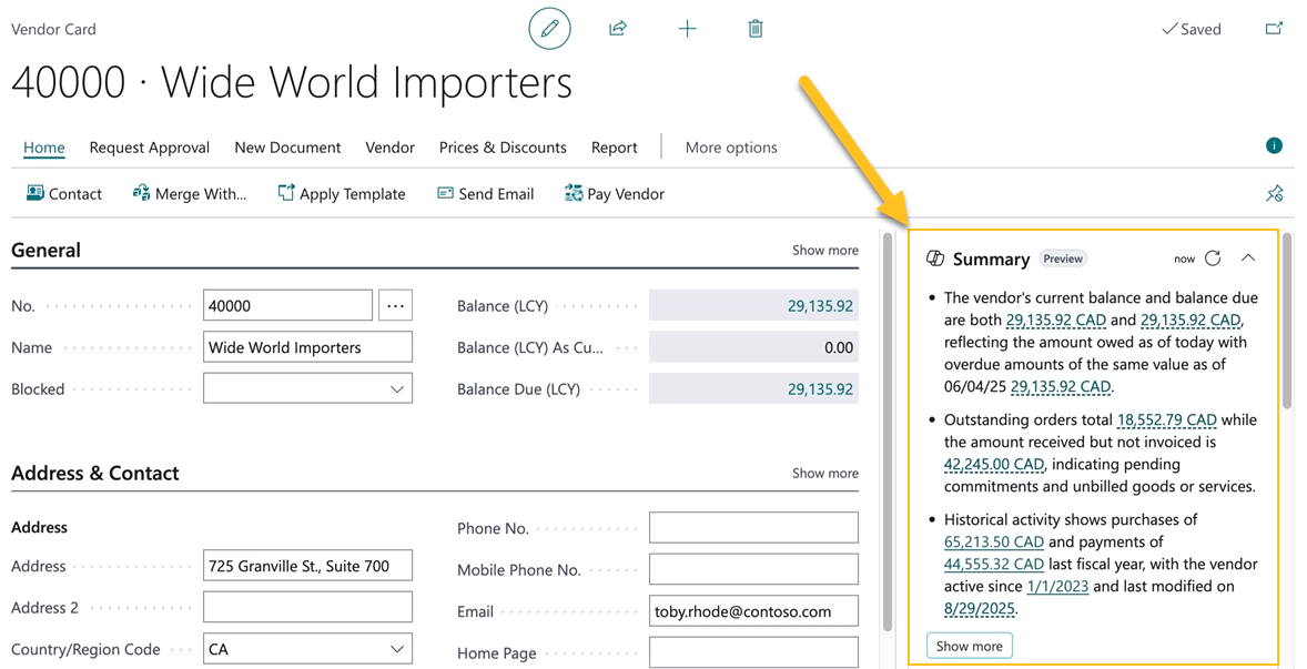 R&eacute;sumer avec Copilot sur la page Fiche fournisseur