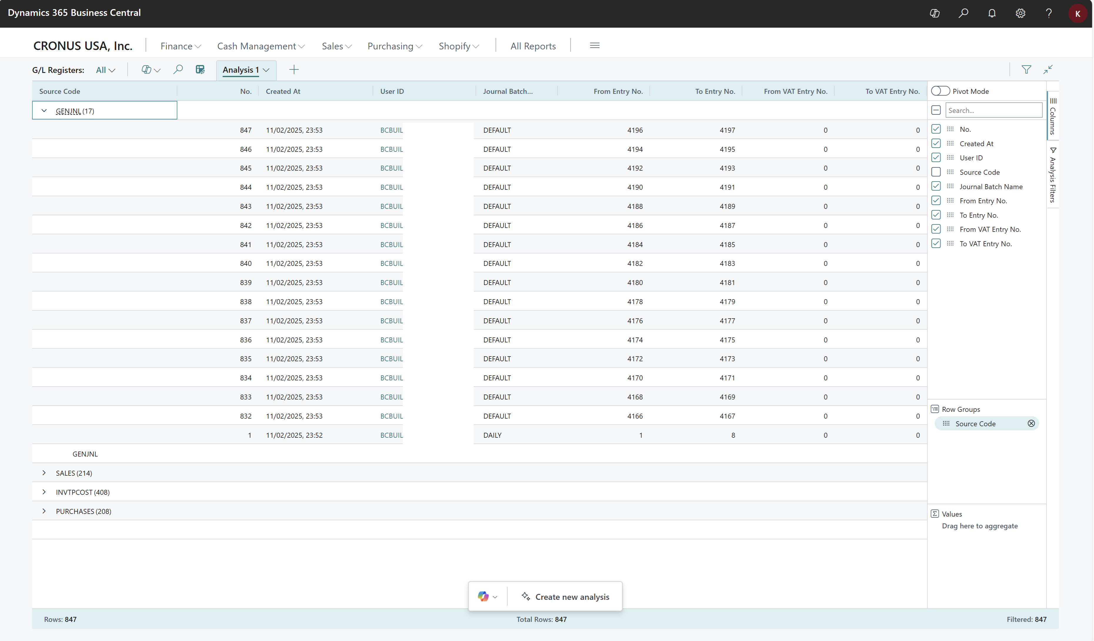 Example of how to do analyze G/L transactions by type on the G/L Registers page.