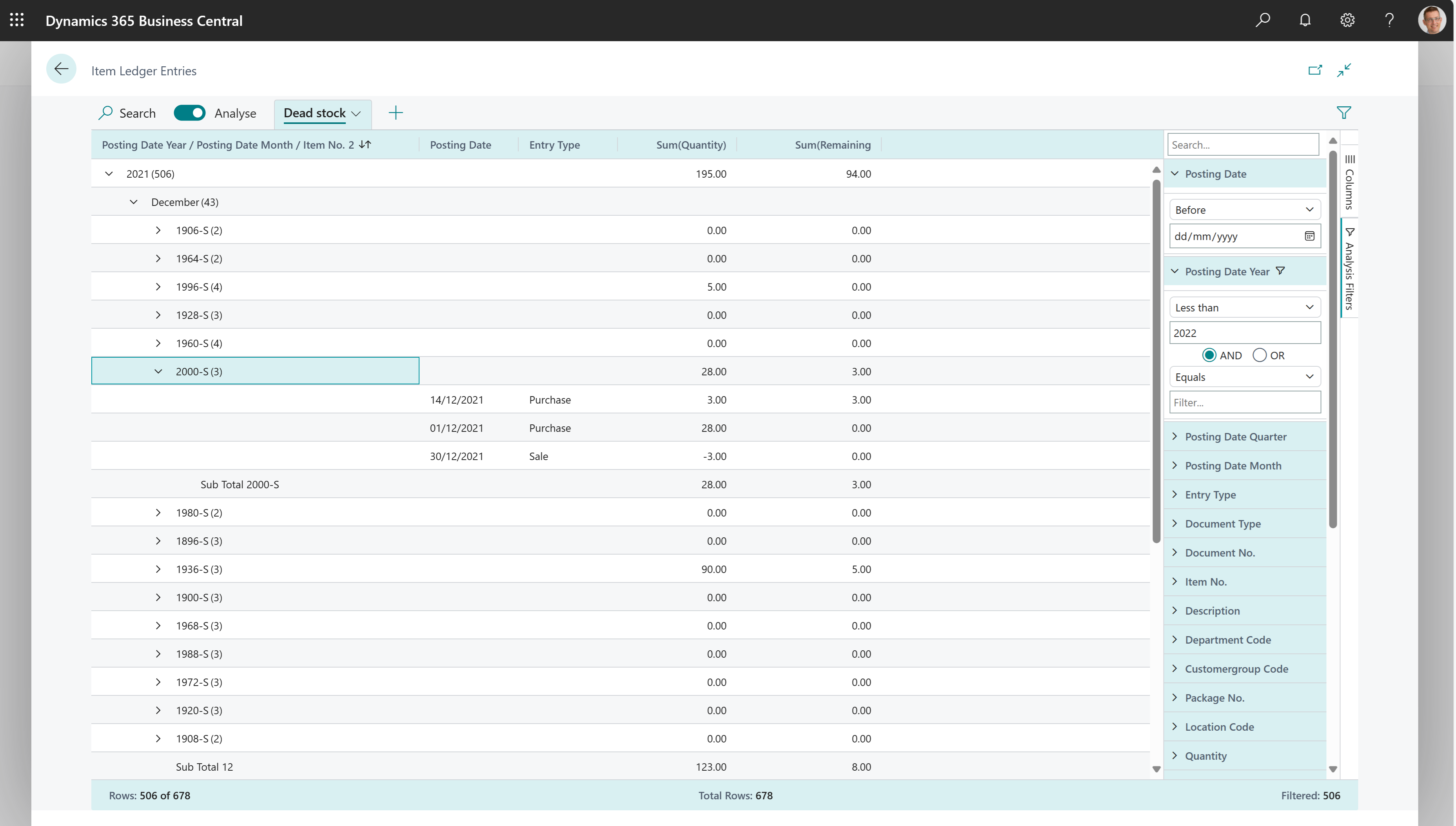 Example of how to do a old stock data analysis on the Item Ledger Entries page.