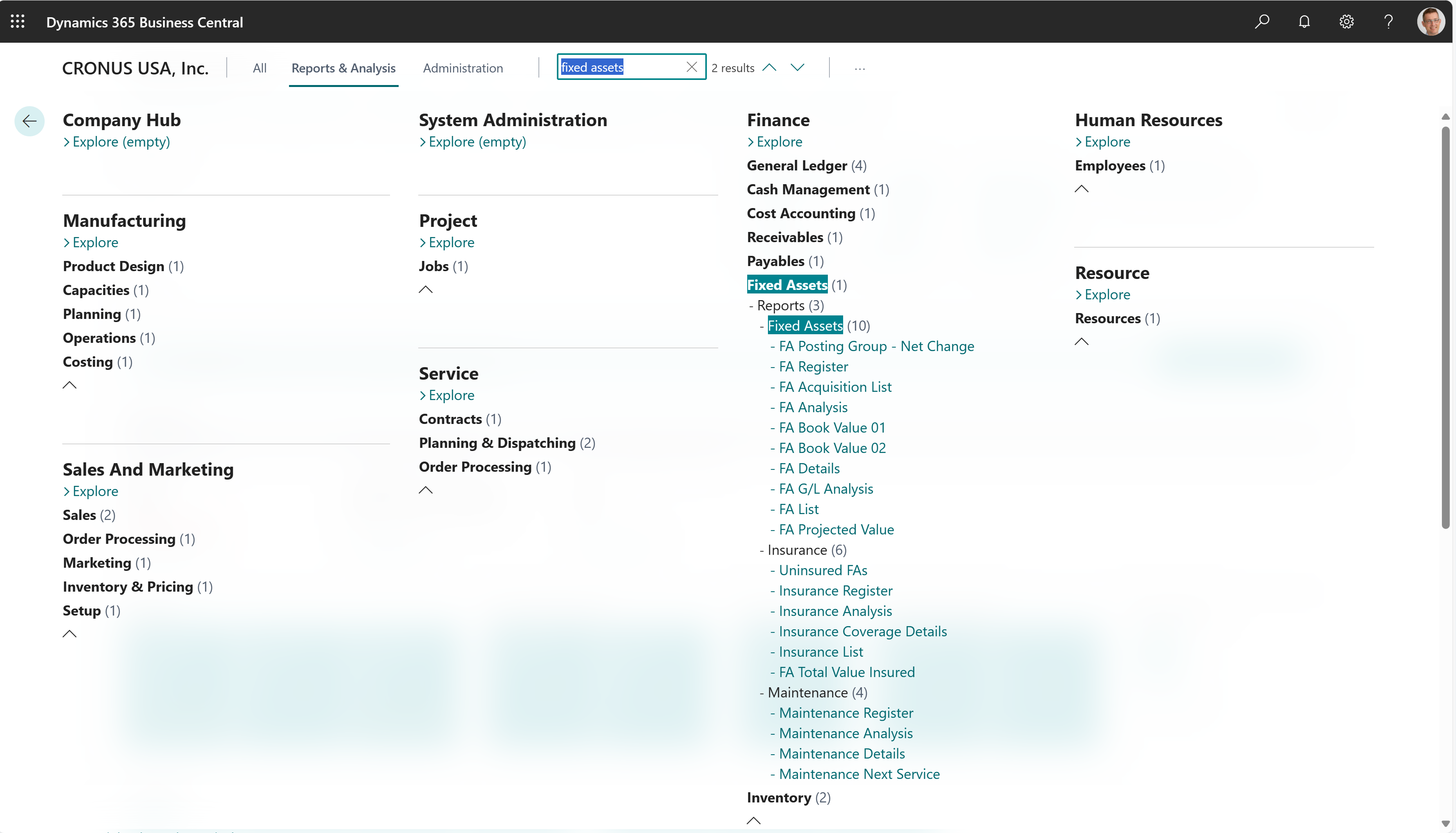 Example of reports on the finance role center.