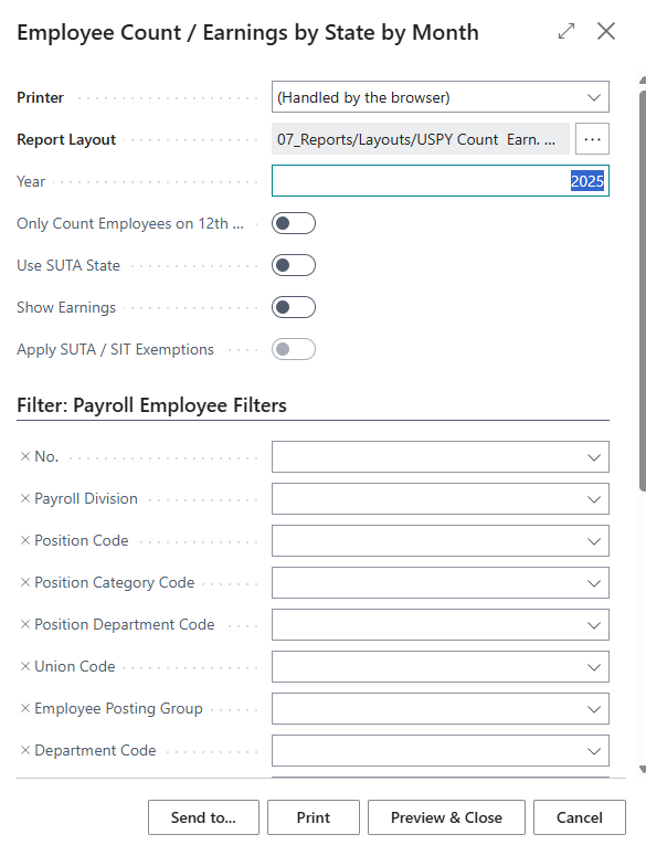 Employee Count / Earnings by State by Month page