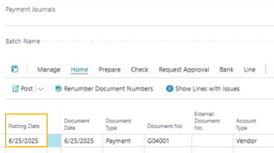 Payment Journals page Posting Date field