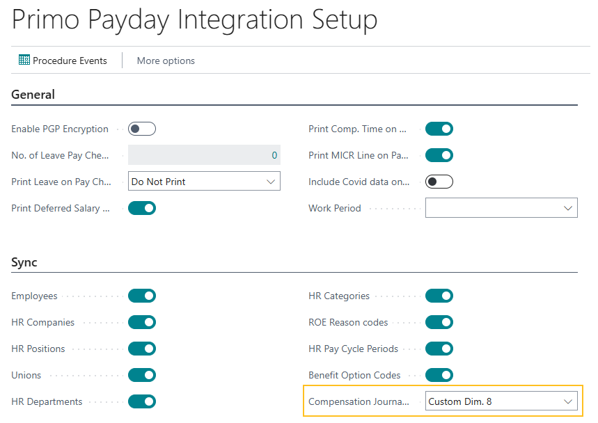 Primo Payday Integration Setup page Compensation Journal ID field