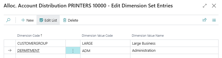 Alloc. Account Distribution Edit Dimension Set Entries page