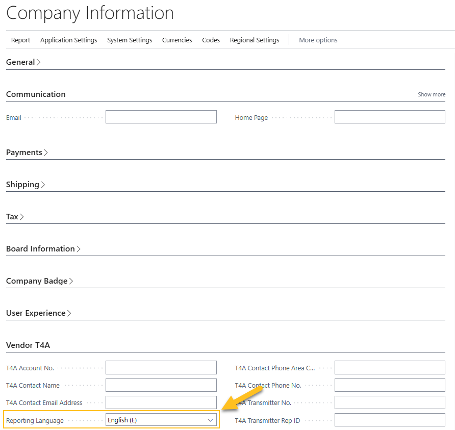 Company Information page Reporting Language field