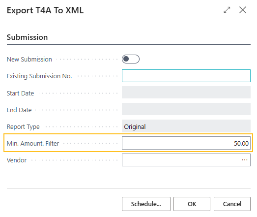 Export T4A To XML page Min. Amount Filter field