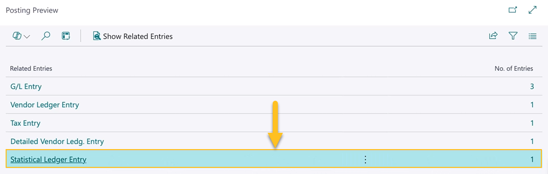 Posting Preview page Statistical Ledger Entry row
